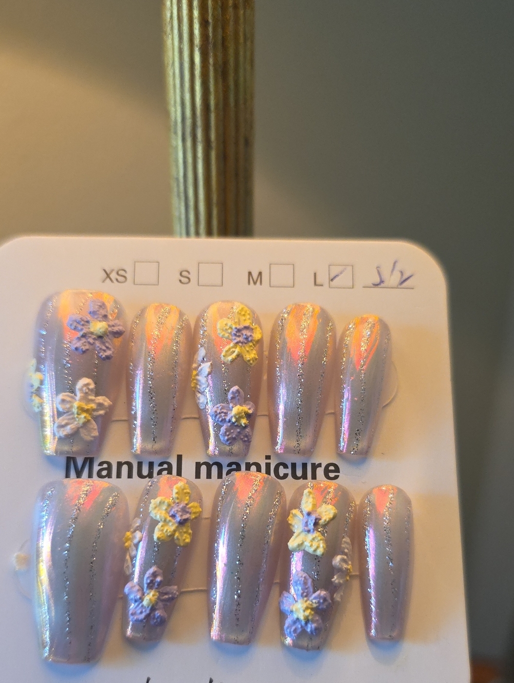 Press-On Nail Set with Lavender/Pink Floral Design - Size Large
